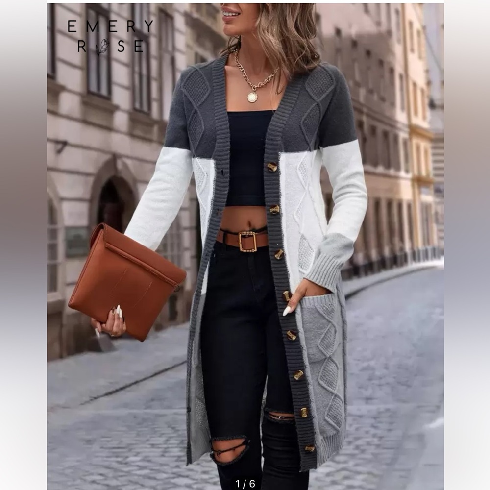 Colorblock Cable-Knit Long Cardigan - Gray & White